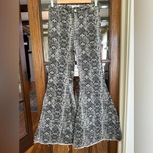 Free People Black and Gray Snake Print Just Float On Flare Pants